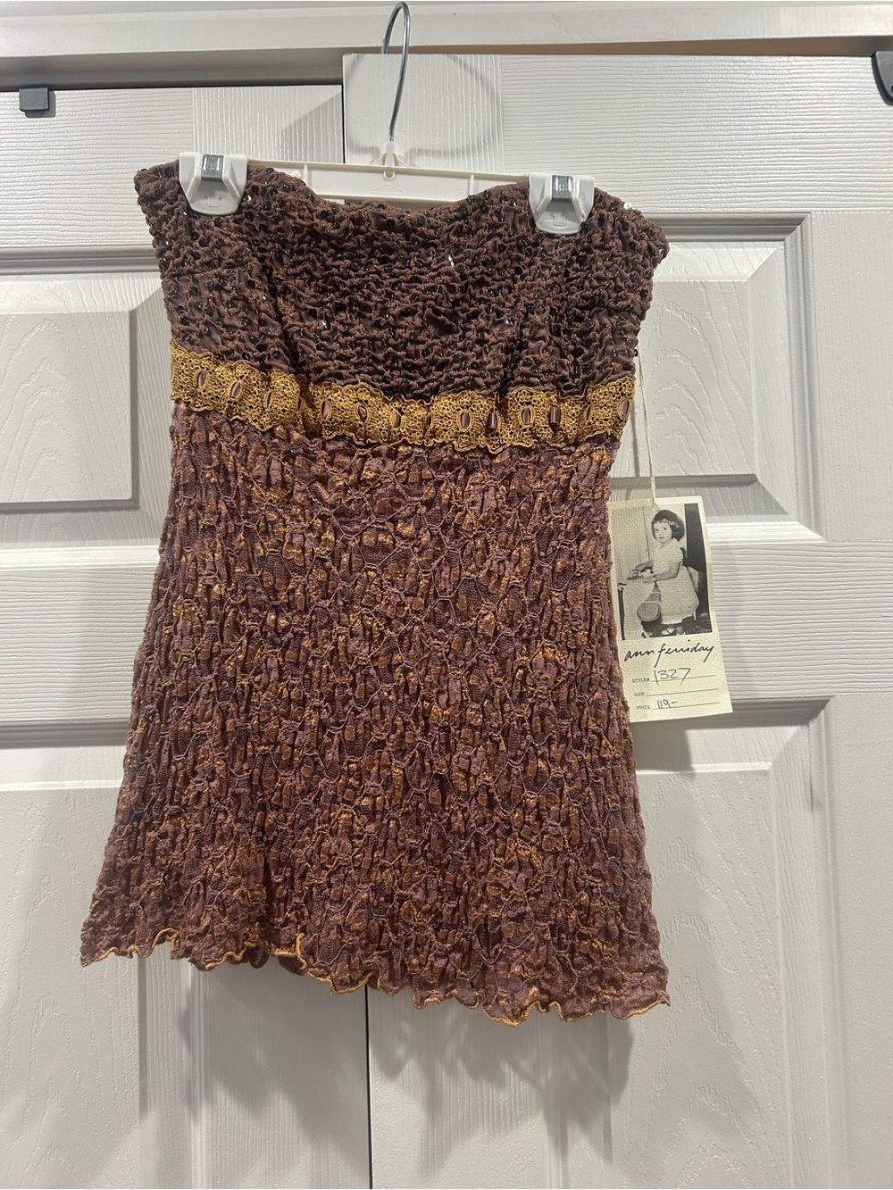 Ann Ferriday Brown Smocked Strapless Camisole with Gold Trim